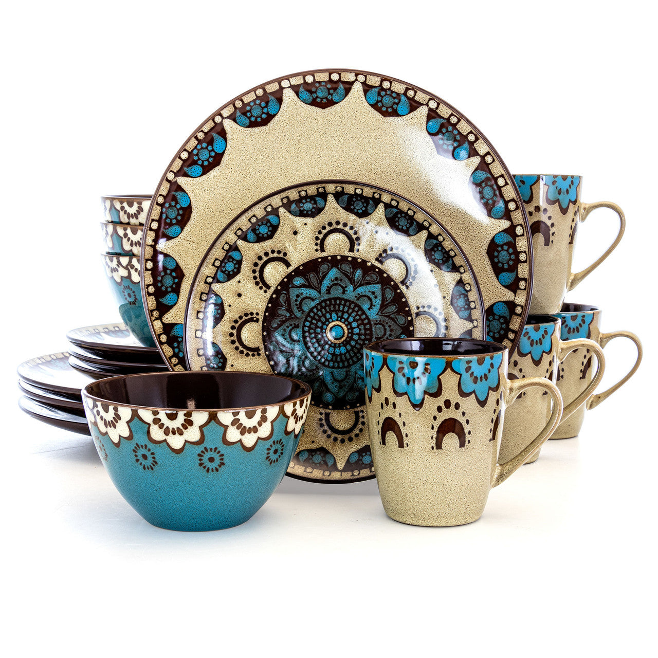 Elama Clay Heart 16 Piece Stoneware Dinnerware Set Tan Blue - Rosetta Creative Boutique